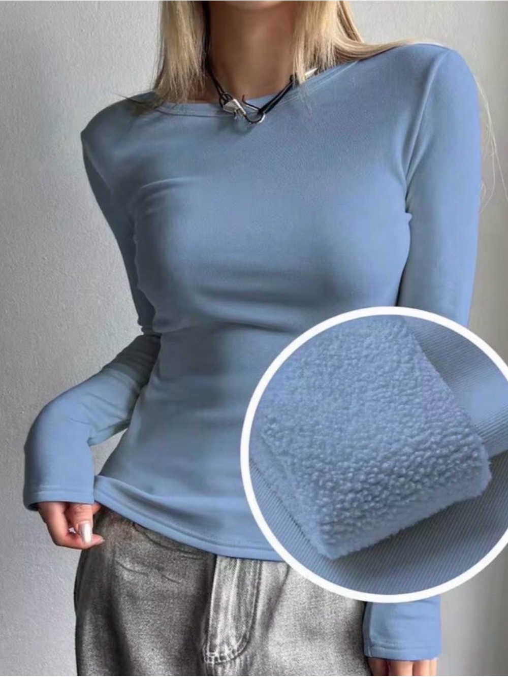 SHEIN Light Blue Fleece-Lined Long Sleeve Top